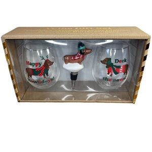 Dachshund Christmas Stemless Wine Glass & Bottle Stopper Gift Set